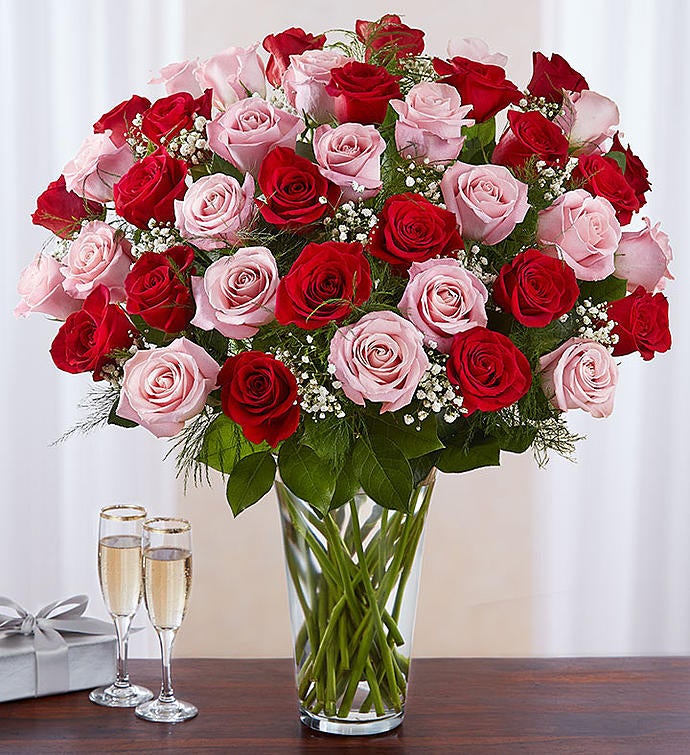 Deluxe Elegance Long Stem Pink & Red Roses