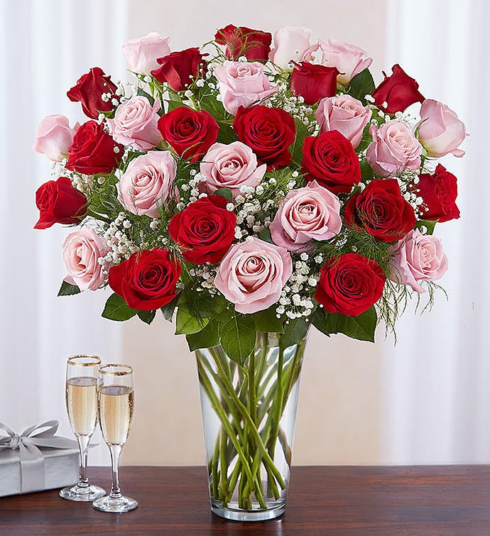 Deluxe Elegance Long Stem Pink & Red Roses