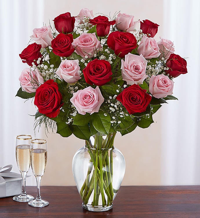 Deluxe Elegance Long Stem Pink & Red Roses